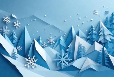 The primary subject of the image is a snowy mountain landscape. The setting is a blue mountain range with snow-covered trees and a sky filled with snowflakes. The visual style is a digital art or illustration, creating a realistic and serene atmosphere. The dominant colors are blue, white, and gray, which contribute to the cold and wintry mood of the scene.